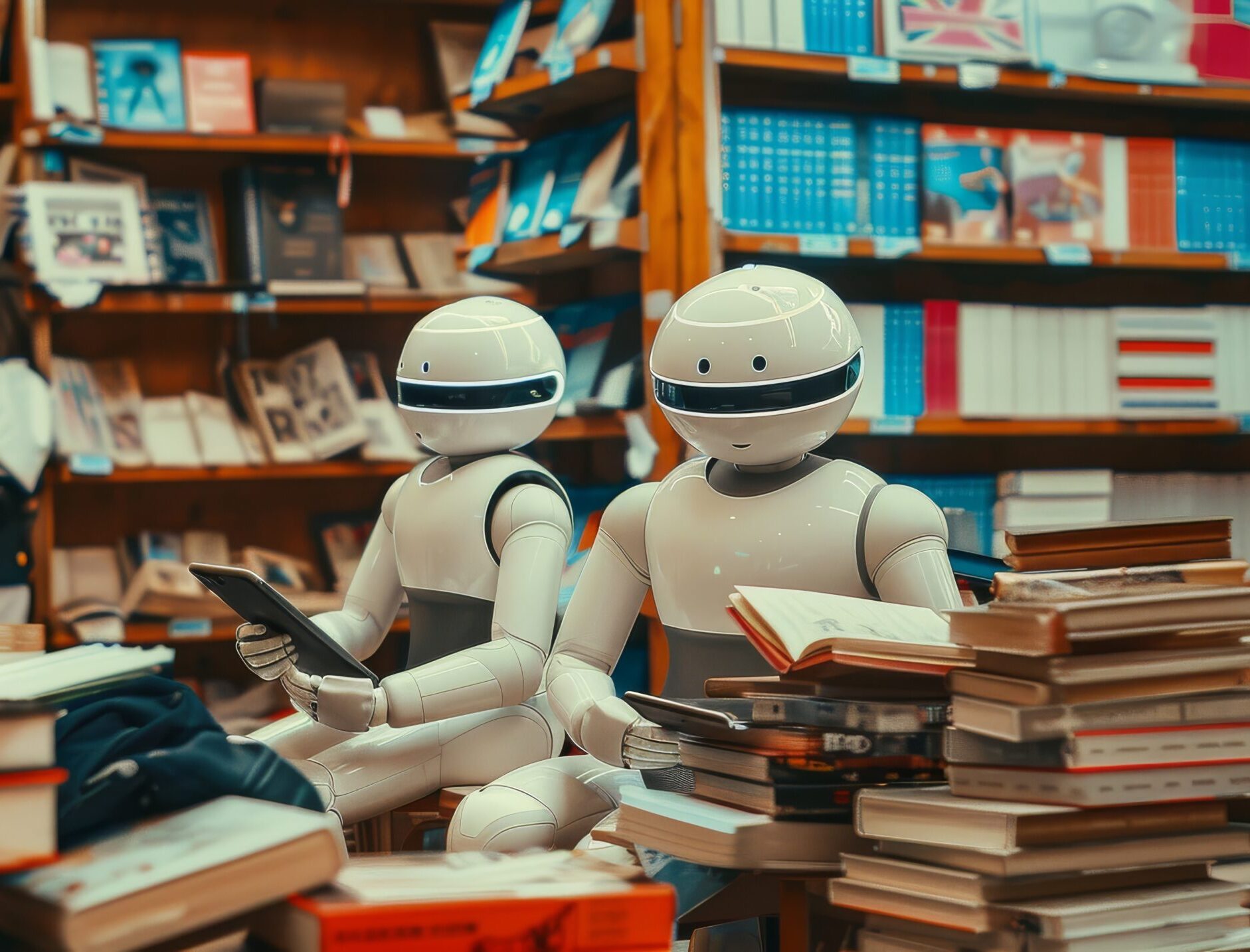 Two robots peruse books in a cozy, warm-toned bookstore, blending technology with the charm of reading. Sci-Fi products store depicting foreground shelves and a background, futuristic city.